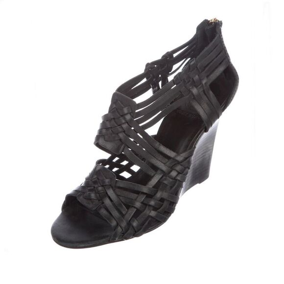 Tory Burch Black Leather Wedge Sandals - Picture 1 of 9